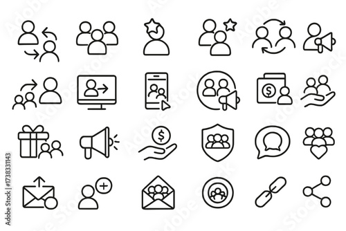 Refer a friend line icon set for referral marketing program. Business promotion and customer loyalty concept. Invite friends, earn money reward. Affiliate network strategy.