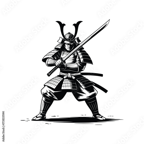 Japanese samurai warrior with sword in dynamic stance ready for battle
