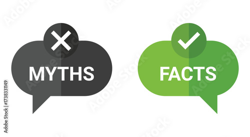 Myths vs Facts. True or False. A modern vector icon set of two speech bubbles for a fact-checking graphic, an educational quiz, a presentation slide, or a social media infographic.