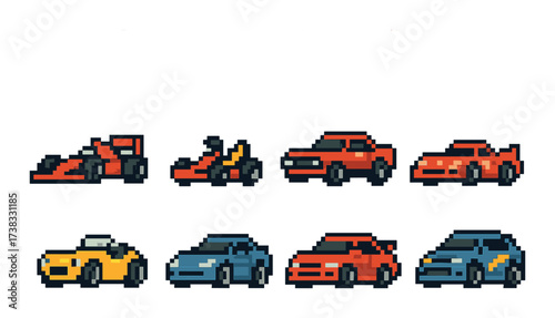Retro pixel art cars on yellow background: eight iconic vehicles in various styles