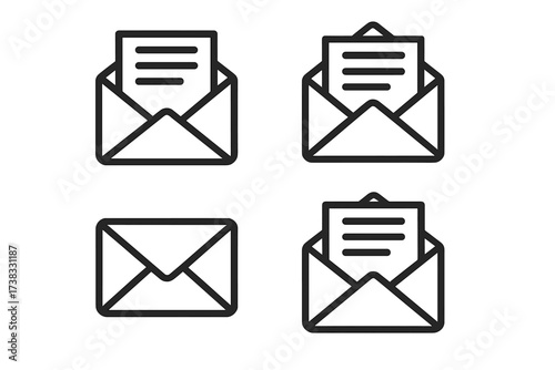 Mail envelope vector icon set. Open letter with document, closed envelope. Simple line art for message, email, correspondence, contact, post, send, receive, newsletter concepts.
