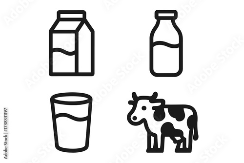 Milk and dairy products icons set, including milk carton, bottle, glass, and cow silhouette, black line vector illustration with transparent background, farm dairy concept