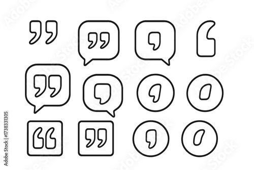 Quote marks icon set vector collection. Quotation symbols for graphic design. Speech bubble, dialogue box, and citation signs. Minimalist line art typography elements. Message.