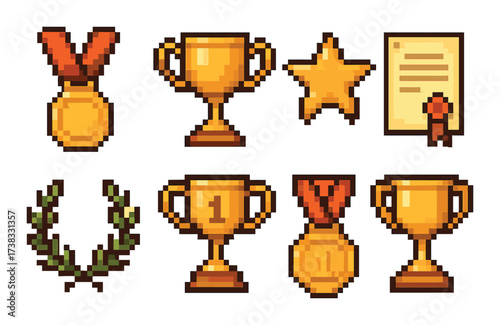 Pixel art trophies and medals collection on gold background