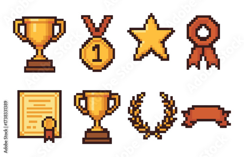 Pixel art trophies and awards set with medals, stars, and ribbons