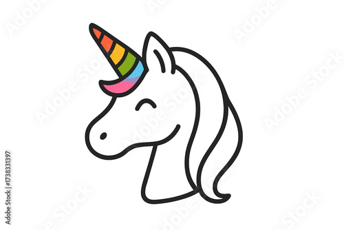 Cute unicorn head with rainbow horn. Vector illustration icon for kids. Simple line art drawing of a happy magic horse. Fantasy character mascot for baby shower or pride.