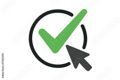 Green check mark icon with cursor. Click for success. Concept confirmation, approval. Select correct choice. Validation symbol. Yes button for vote. Task done. Approved.