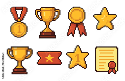 Pixel art trophies and medals on yellow background