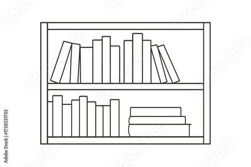 Wooden bookshelf with books outline vector illustration, wall-mounted bookcase line art, ordered book set drawing, transparent background modern shelving design