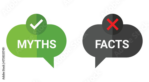 Myths vs Facts. Comparison. A modern vector icon set of two speech bubbles for debunking information, a quiz, an educational infographic, or a social media post about truth and lies.
