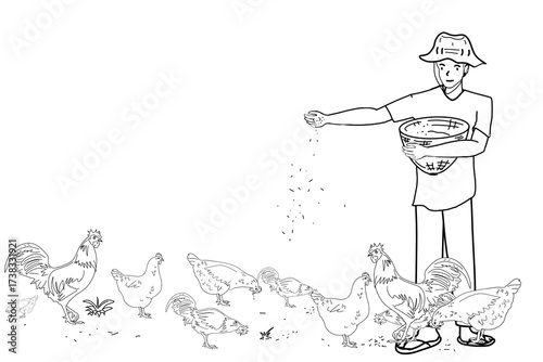 sketch of a male farmer feeding his chickens on a white background