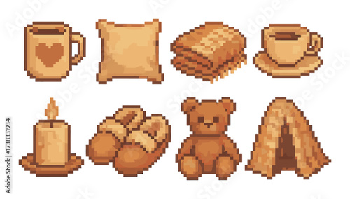 Cozy pixel art elements: mug, pillow, blanket, candle, slippers, teddy bear, tent