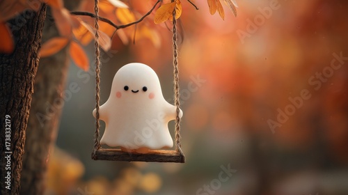 Cute smiling ghost sitting on a wooden swing among autumn leaves.