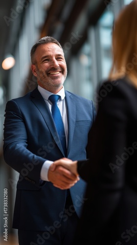 Professional businessman smiling and shaking hands with a colleague in a modern office setting