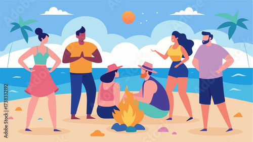 A group of friends at a beach bonfire talking about the pressure to have a chiseled beach body and joking about dad bods being the new trend.. Vector illustration