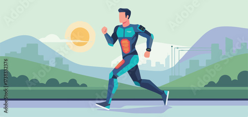 Smart Fitness Apparel AI Temperature Regulation Vector Illustration. Wide Landscape Runner with Adaptive Clothing