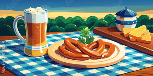 Oktoberfest beer, pretzel, and sausage are a tasty brown snack and beverage meal