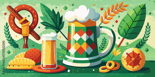 Birthday cake with candles and flowers next to a beer mug illustration for a holiday celebration