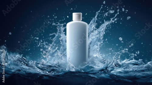 White shampoo bottle with dramatic water splash on dark background.