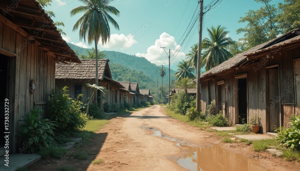 Fototapeta premium Old village road winds through rustic wooden houses. Traditional homes natural roofs, green plants grow alongside dirt path. Palm trees, distant mountains complete tropical village view. Puddles