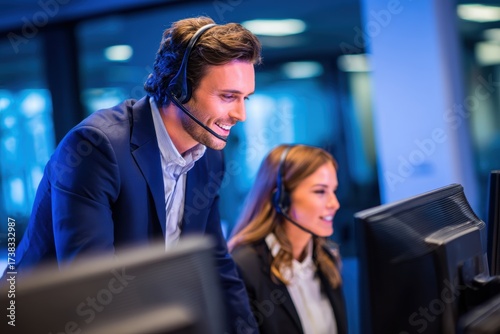Two professionals engaged in a collaborative work session at a modern office with computer screens