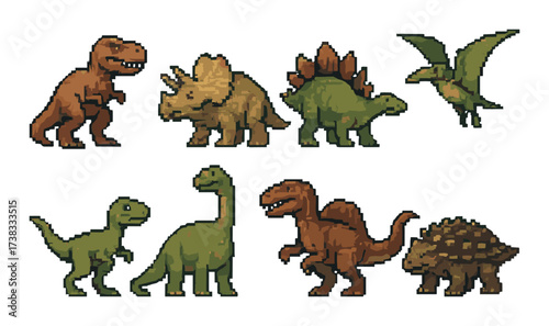 Pixel art dinosaurs: t-rex, triceratops, stegosaurus, pterodactyl, velociraptor