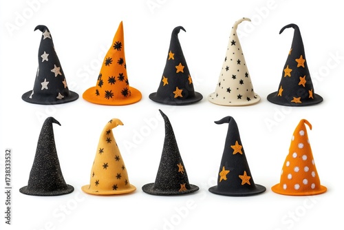 A collection of eight colorful witch hats with different textures and designs displayed on a white background