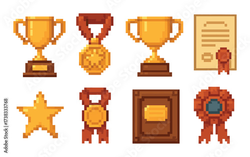 Pixel art recognition symbols with trophies medals and certificates in warm glow