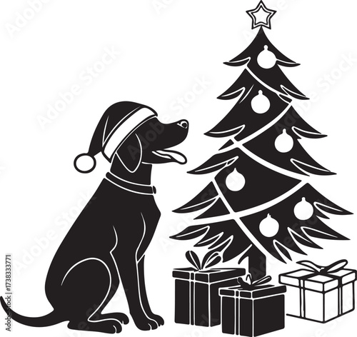 Vector silhouette of a playful dog wearing a Santa hat