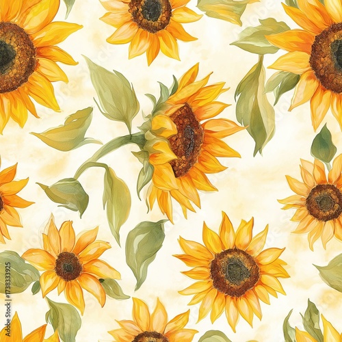 Warm watercolor sunflower pattern with golden petals and green leaves on a light background