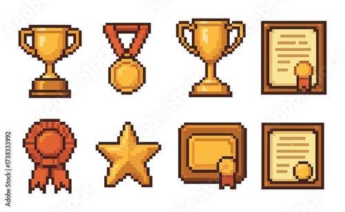 Retro pixel art trophies and awards on gold background