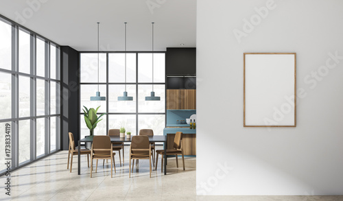 Wallpaper Mural Contemporary dining room with clean design, wooden chairs, large windows, and a blank poster mockup on a white wall for layout or advertising concept. 3D Rendering Torontodigital.ca