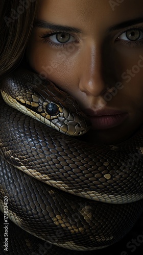 A close-up of a woman gazing intensely at the camera while a dark snake coils around her shoulders, emphasizing mystery and power