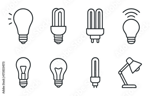 Outline of various light bulb designs and desk lamp with black background