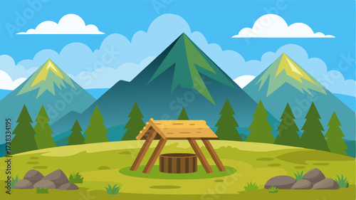 A simple shelter made of logs and tree trunks surrounded by a vast expanse of lush green meadows and towering mountains.