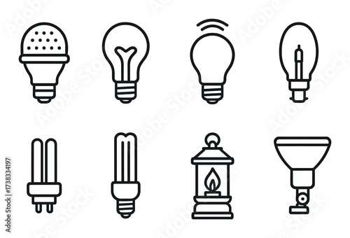 Vector icons: led, incandescent, cfl, halogen, antique, and spotlight bulbs