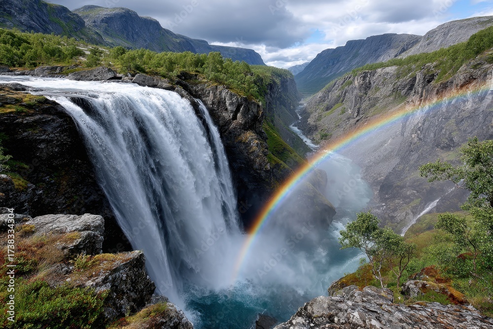 Fototapeta premium Majestic Waterfall with Rainbow in Mountain Valley