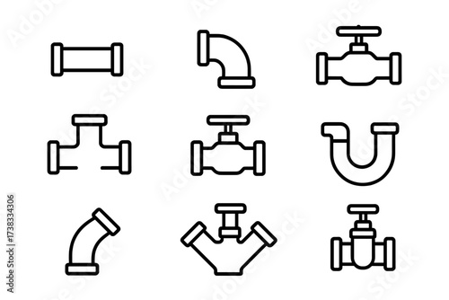 Pipe icon set. Plumbing line icons collection. Pipeline, valve, tube, fitting, and connector symbols. Industrial water, oil, gas pipeline construction vector graphic elements.