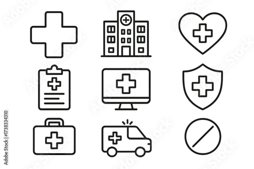 Medical and healthcare simple line icon set. Vector symbols for hospital, clinic, emergency, ambulance, first aid, and pharmacy. Concepts for cardiology, insurance, telemedicine.