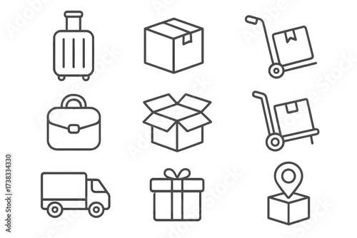 Delivery service and logistics line icon set. Package shipping and transportation vector symbols. Parcel box, cargo truck, suitcase, tracking pin. Editable stroke for web UI.