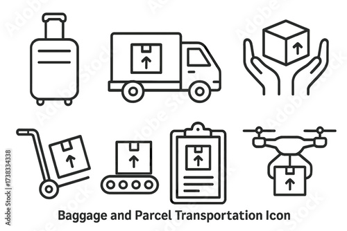 Logistics and delivery service line icon set. Parcel transportation, shipping, and distribution symbols. Includes truck, drone, conveyor belt, and baggage. Vector outline icons.