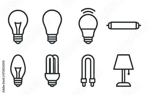 Set of eight light bulb and lamp icon illustrations on gradient background
