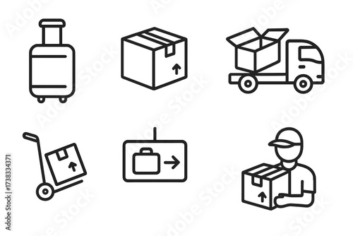 Logistics and delivery icon set. Shipping, transportation and parcel service icons. Courier, box, truck and luggage symbols. Editable stroke vector illustration for web and apps.