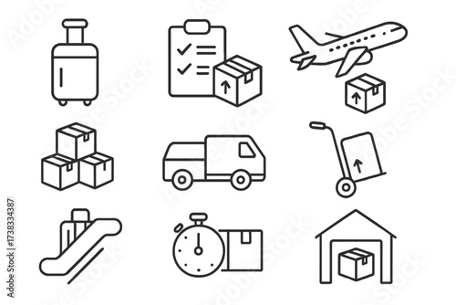 Logistics and shipping line icon set. Delivery service vector symbols. Transport, cargo, freight concept. Truck, airplane, warehouse, parcel, luggage, fast delivery, ecommerce.