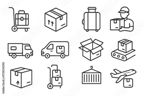 Shipping and delivery logistics line icon set. Vector transport, cargo freight, baggage symbols. Editable stroke icons of courier, e-commerce, mail. Truck, plane, box.