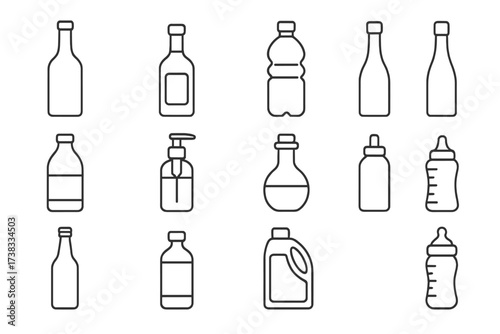 Bottle and container icon set. Thin line vector icons for packaging, drinks and products. Water, wine, soap dispenser, baby bottle. Minimalist linear symbol collection.