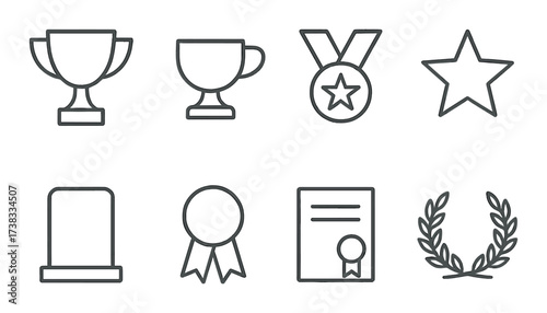 Collection of achievement icons featuring trophies, medals, and certificates
