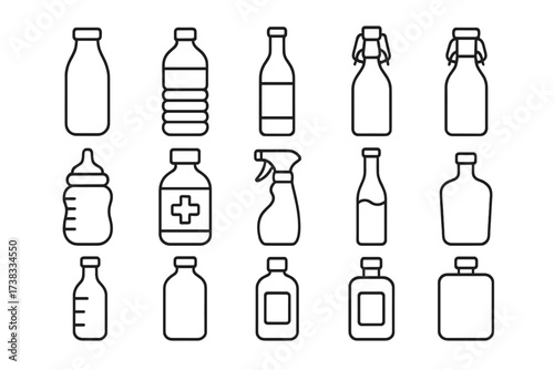 Bottle linear icon set. Vector collection of various containers. Editable stroke. Water, milk, baby, medicine, alcohol, spray, plastic, glass bottles. Outline symbol pack.
