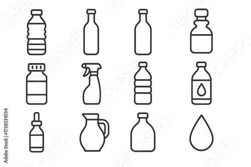 Bottle line icon set. Vector collection of plastic, glass, water, spray, milk, medicine containers. Editable stroke for web, UI, apps. Simple outline pictogram collection.