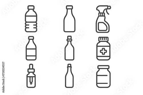 Bottle and container line icon set. Collection of vector symbols. Water, milk, spray, medicine pill jar, cosmetic dropper, drink bottles. Editable stroke for web and apps.